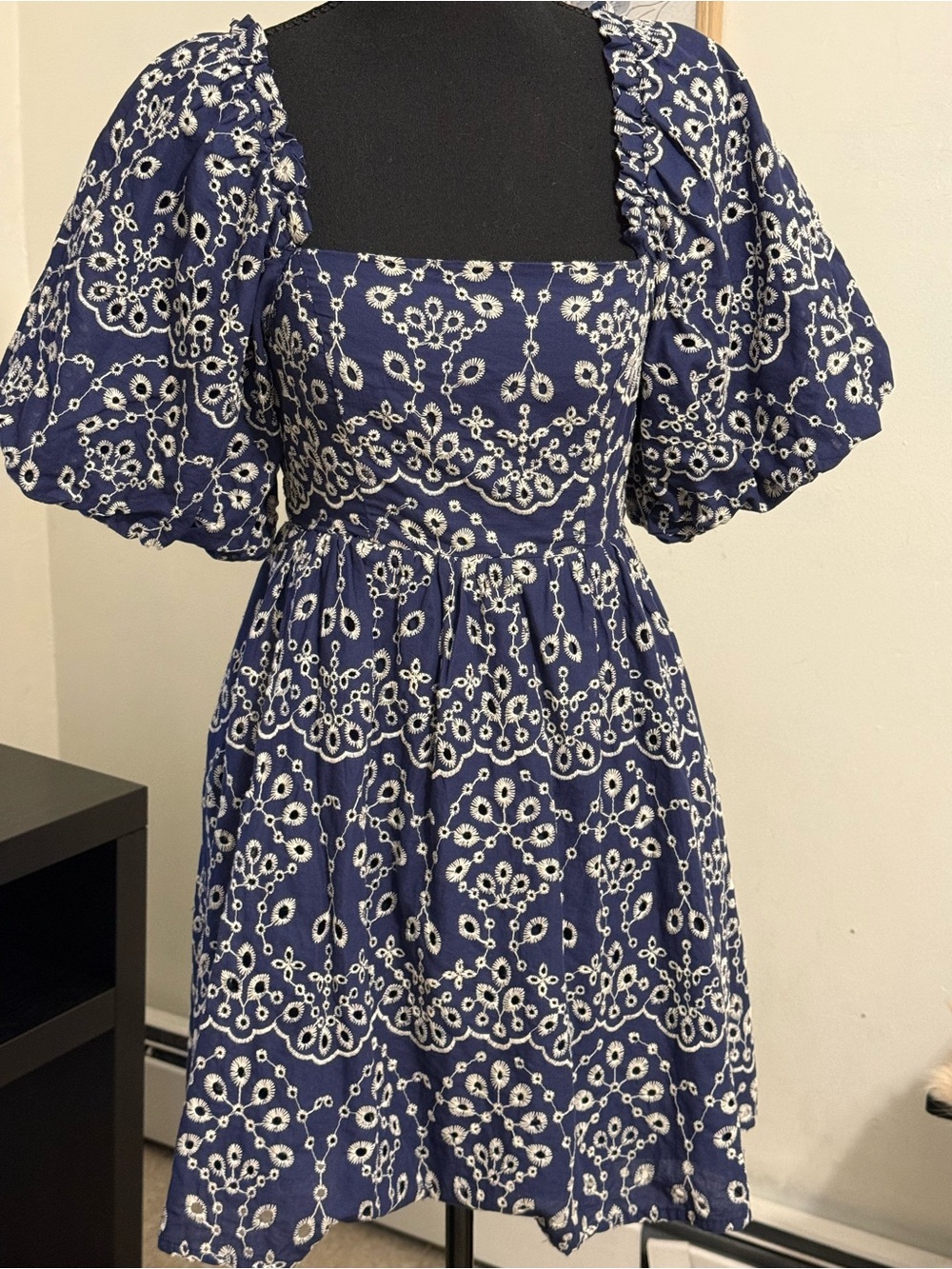 Sugar Lips XS Navy Ivory Embroidered Cotton Puff Sleeve Mini Dress